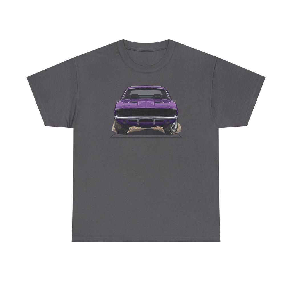 Charcoal gray T-shirt with purple retro muscle car graphic on the front