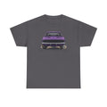 Charcoal gray T-shirt with purple retro muscle car graphic on the front