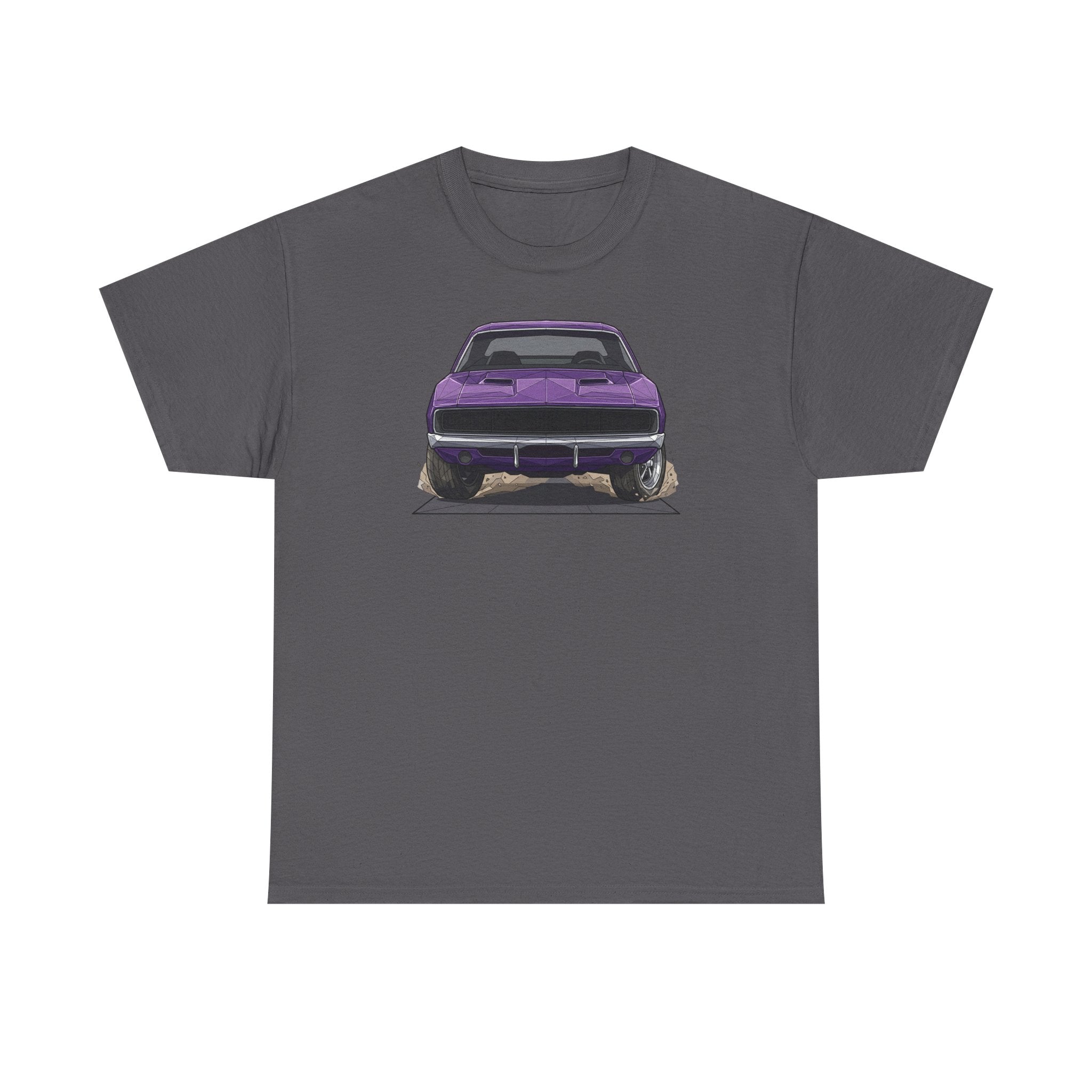 Charcoal gray T-shirt with purple retro muscle car graphic on the front