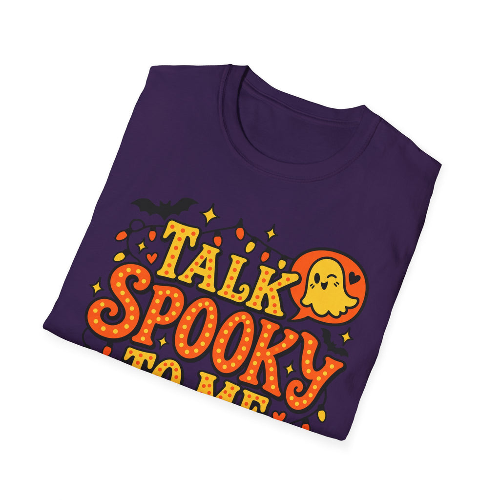 Purple Halloween T-shirt with 'Talk Spooky' text and cute ghost illustration.