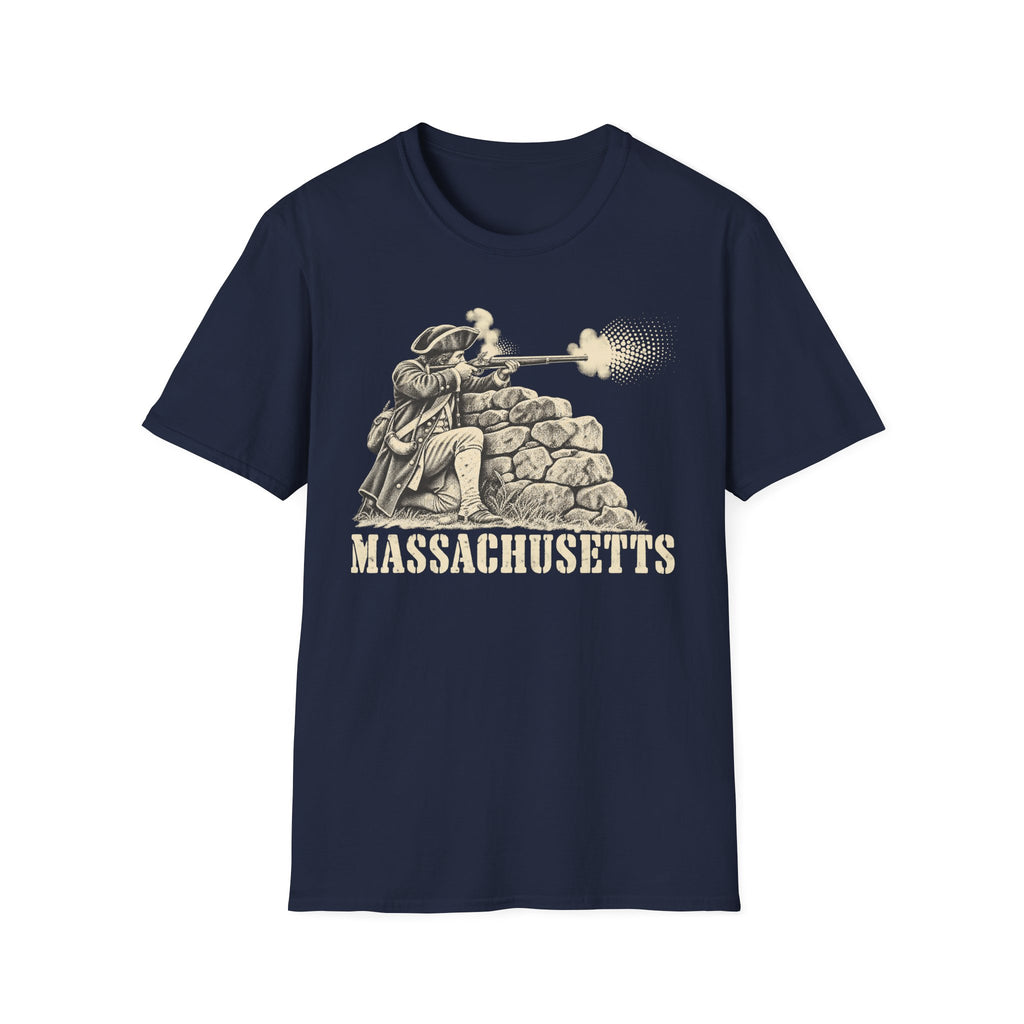 Navy T-shirt with colonial patriot graphic behind stone wall and “Massachusetts”