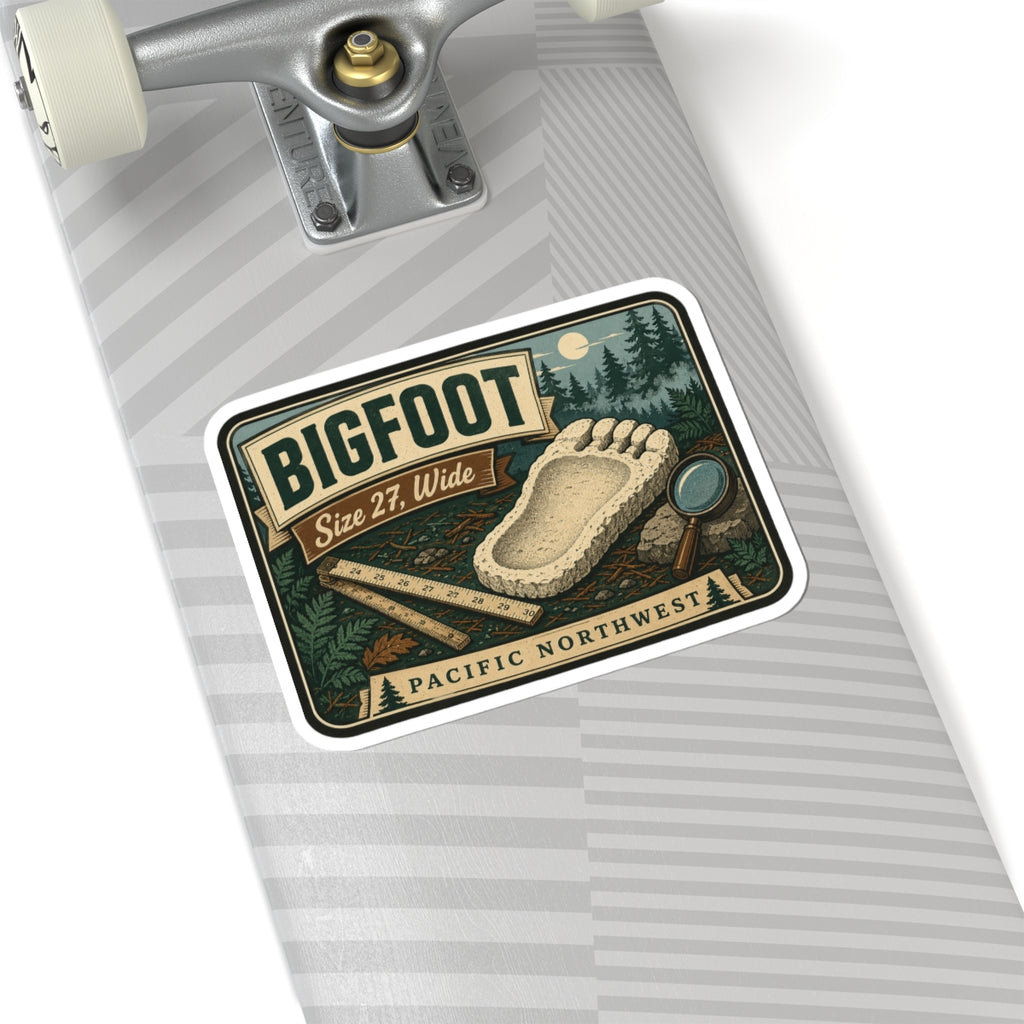 Bigfoot footprint sticker with Pacific Northwest banner, footprint graphic and magnifying glass