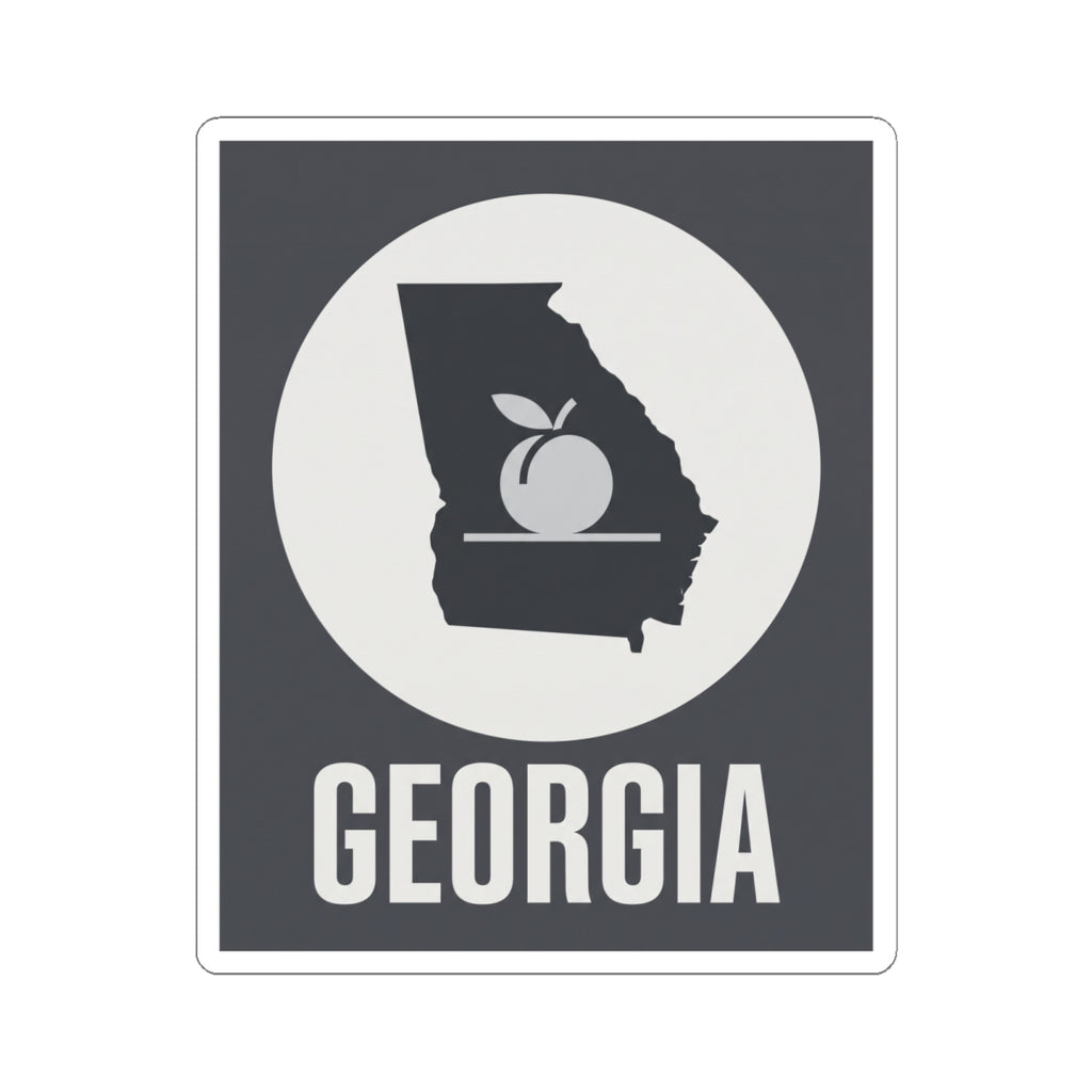 White-bordered square vinyl sticker featuring Georgia text and state silhouette with peach icon.