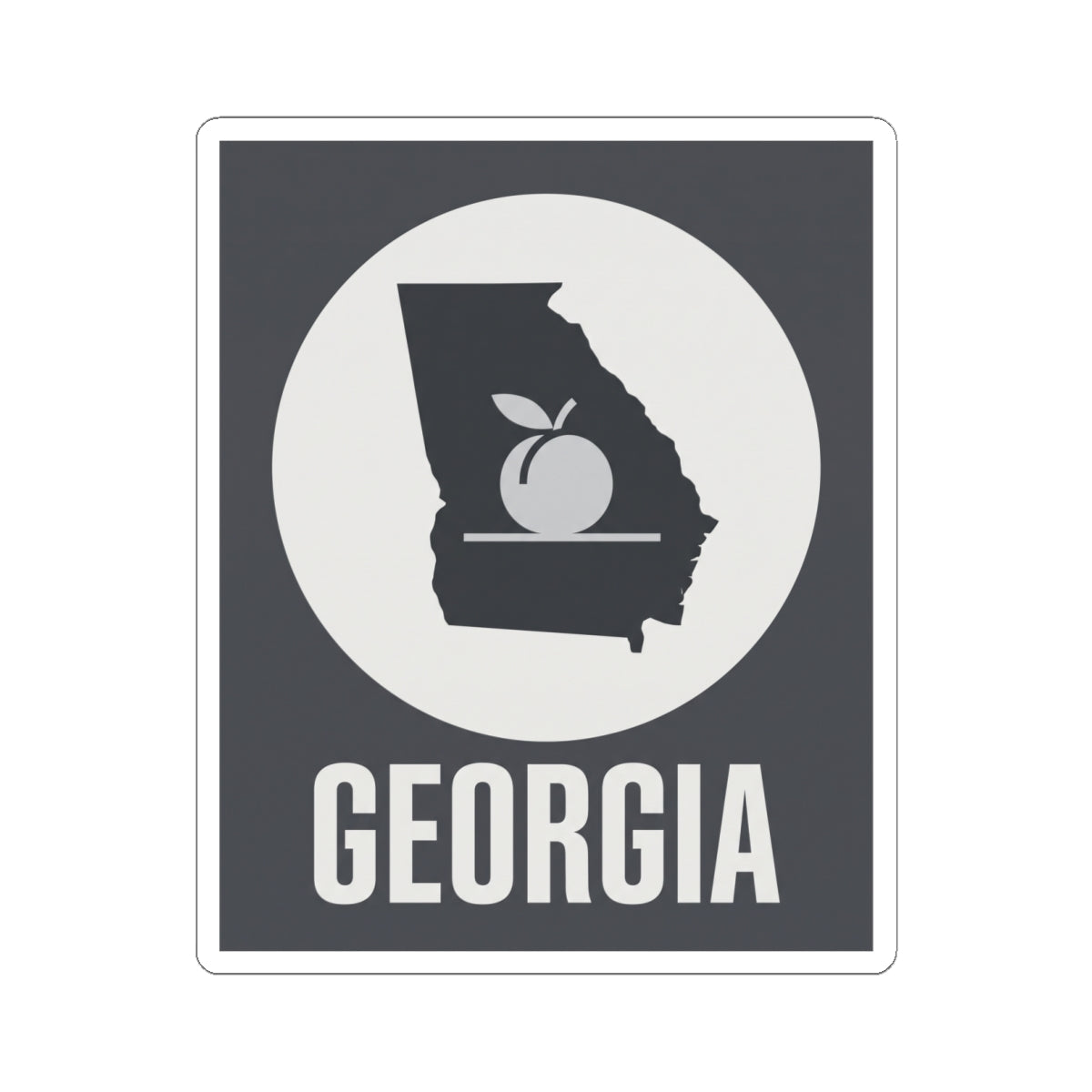 White-bordered square vinyl sticker featuring Georgia text and state silhouette with peach icon.