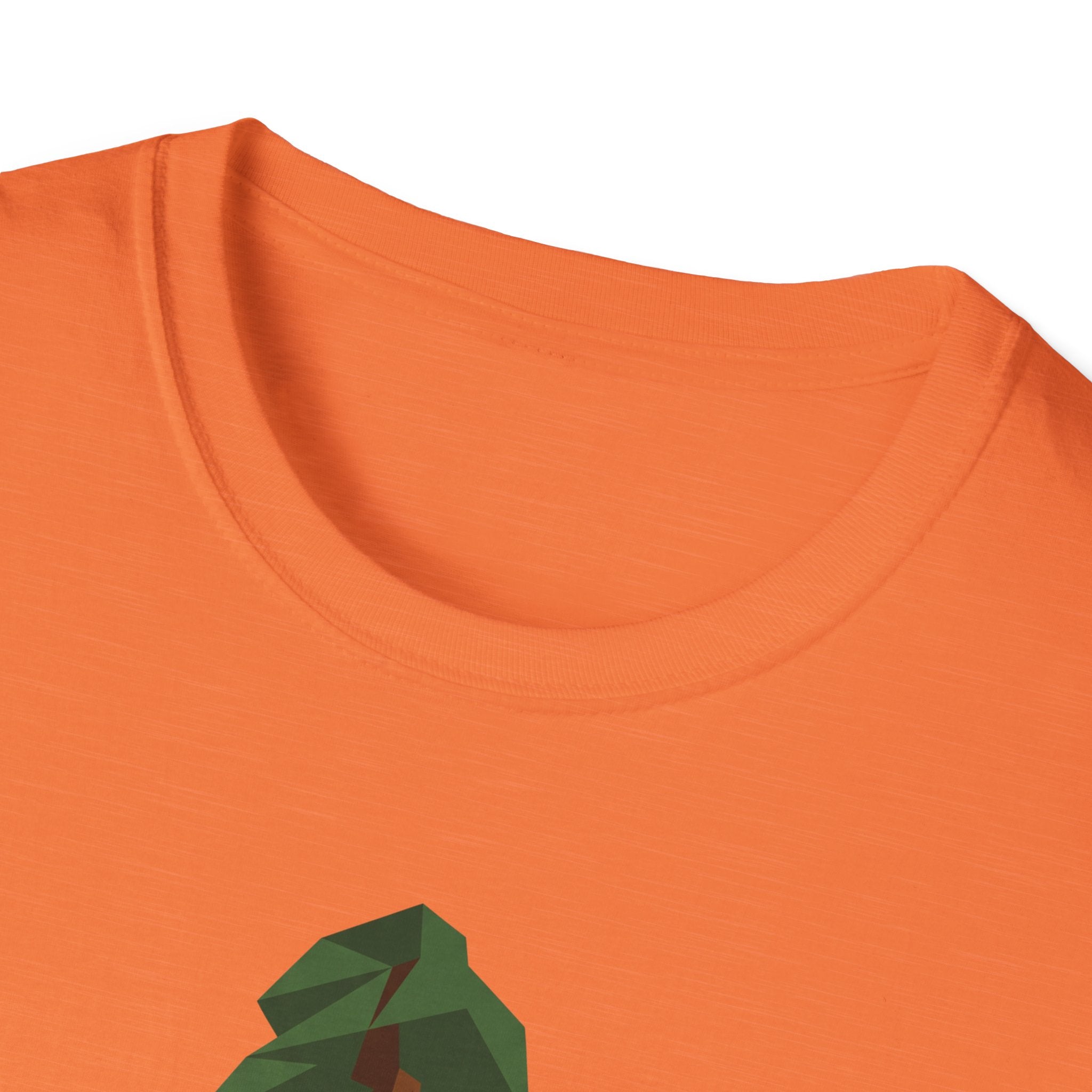 Orange crew-neck T-shirt collar close-up with partial geometric tree graphic