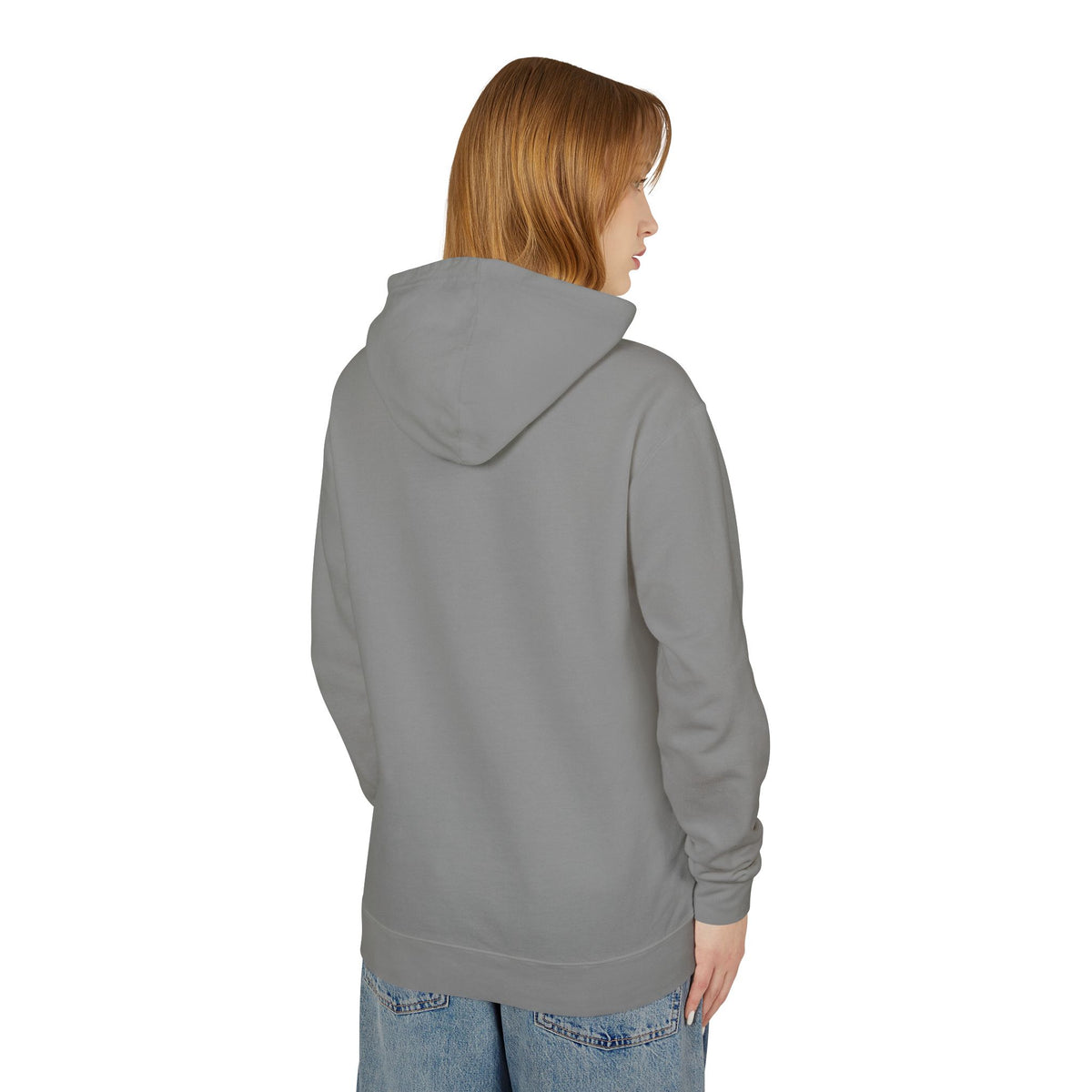 Grey hoodie with hood and long sleeves, plain back view with kangaroo pocket.