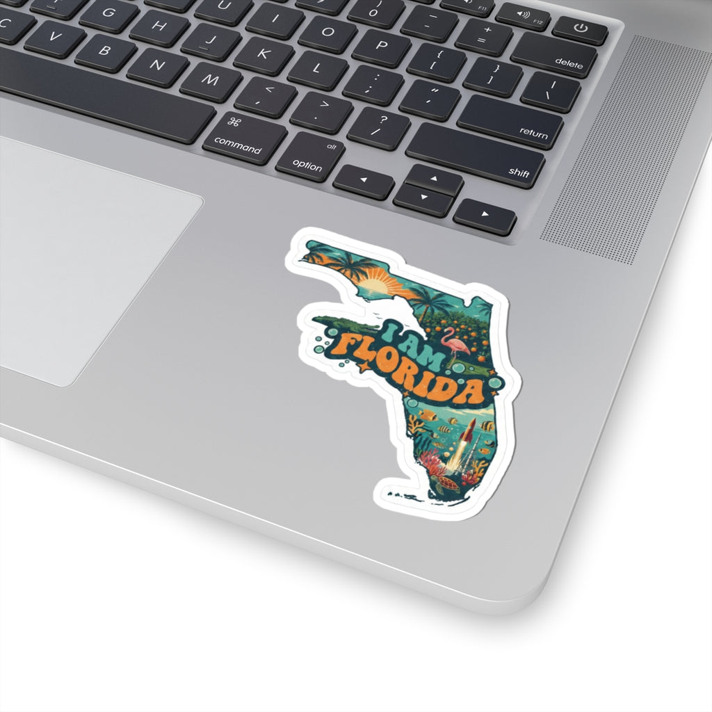 Florida sticker with colorful state map, palm trees, flamingo, and “FLORIDA” lettering