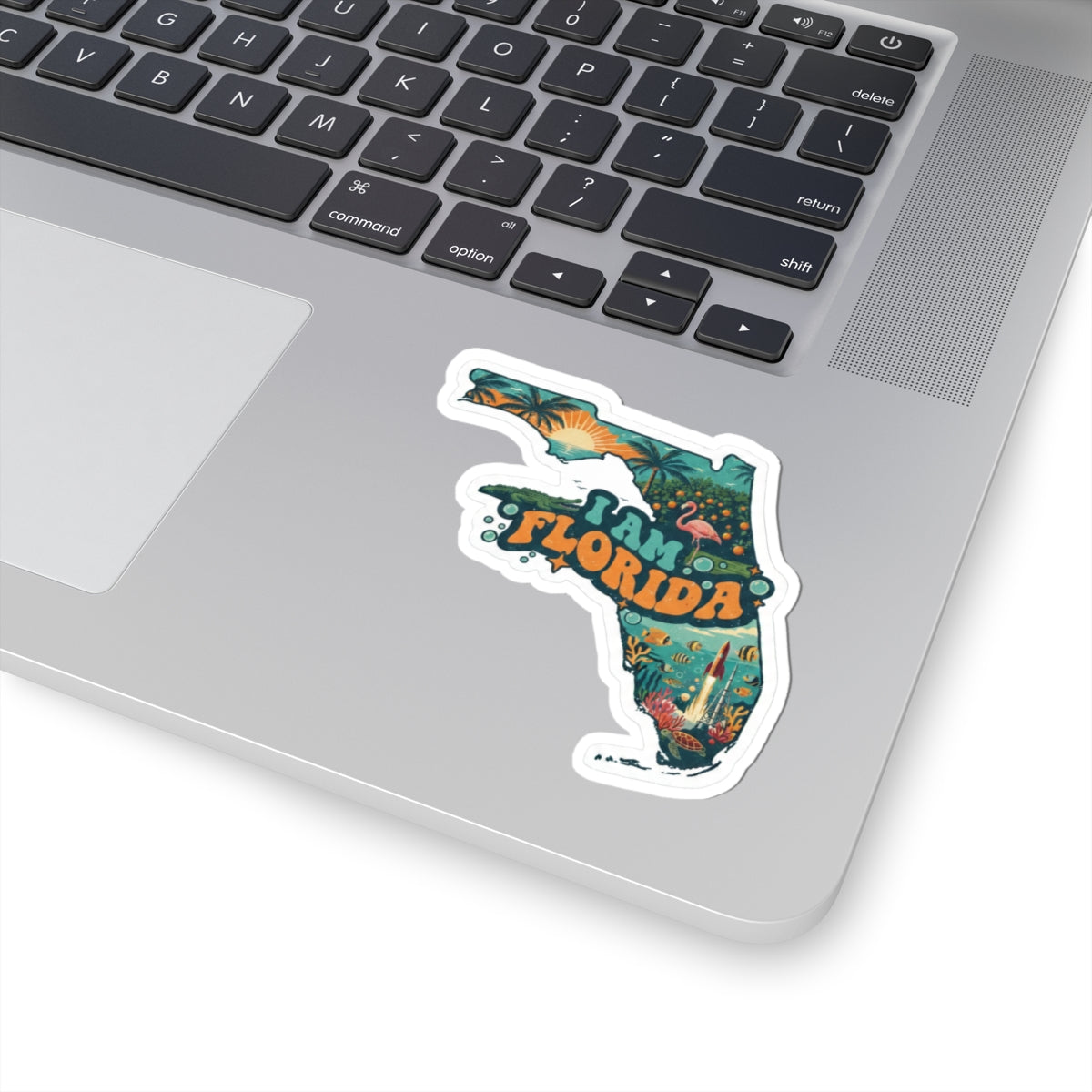 Florida sticker with colorful state map, palm trees, flamingo, and “FLORIDA” lettering
