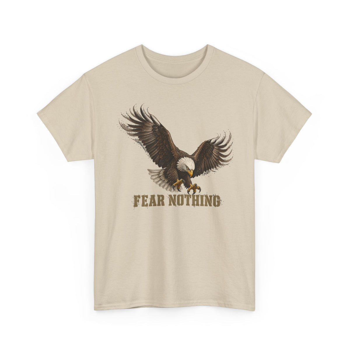Sand crewneck T-shirt with eagle graphic and “FEAR NOTHING”