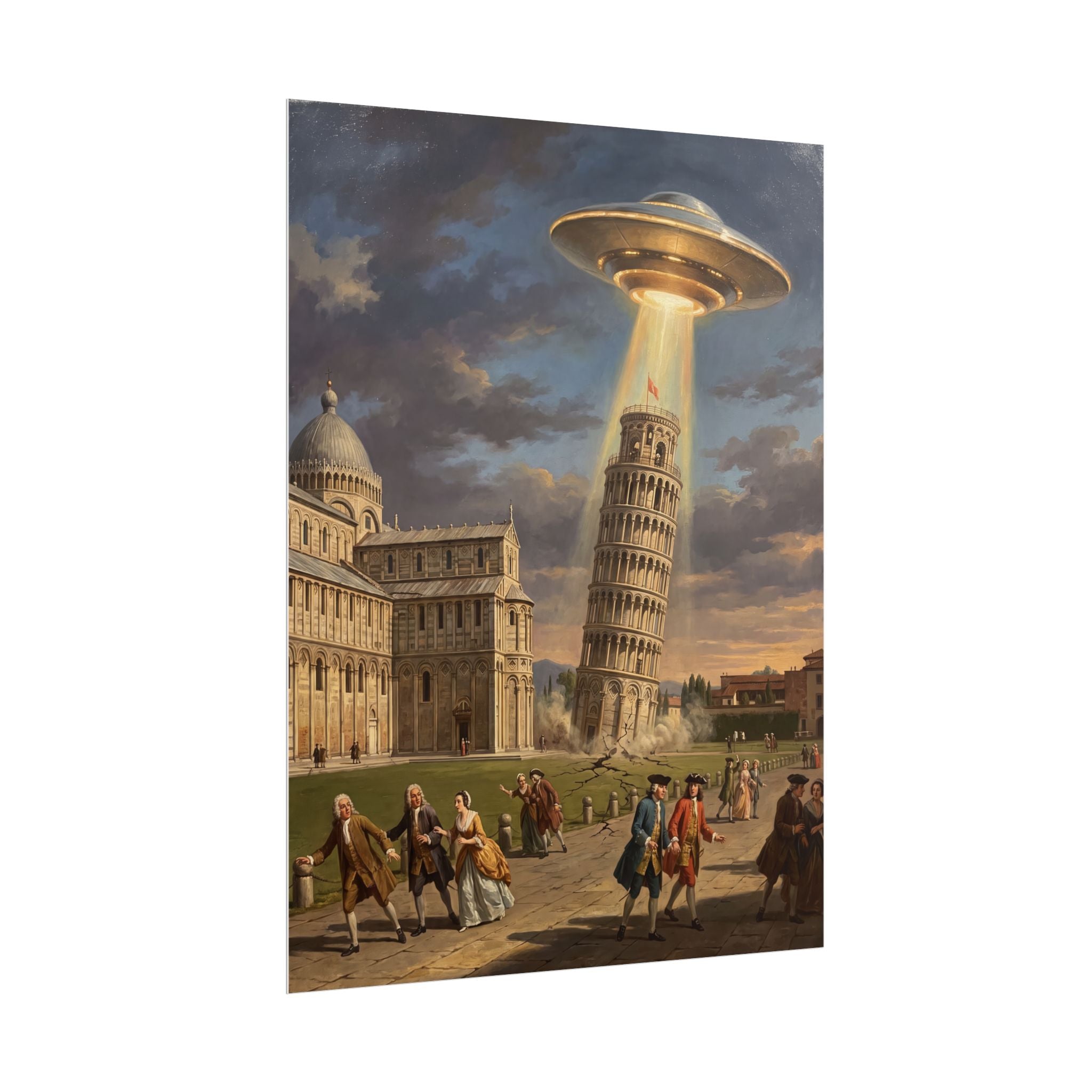 Sci-fi Leaning Tower poster with golden UFO beam over buildings and people walking