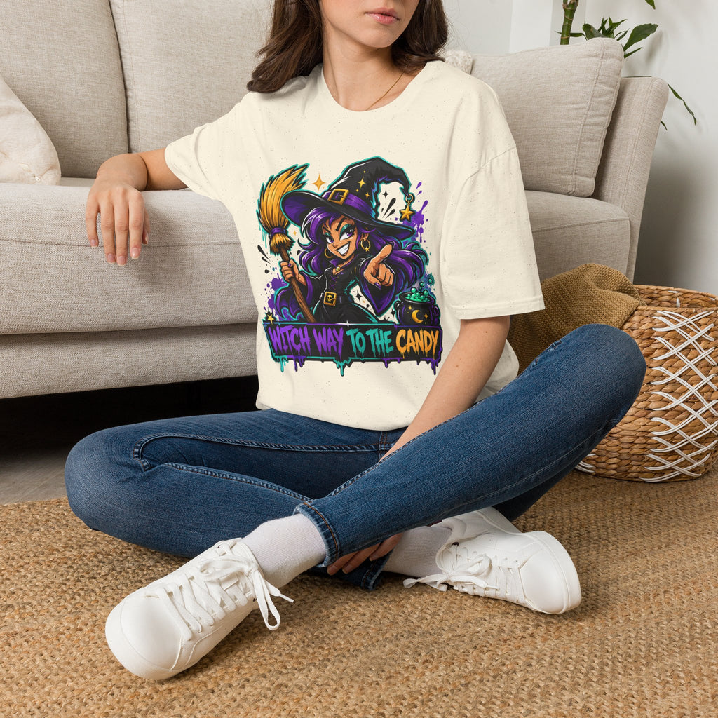 White Halloween T-shirt with colorful witch holding a broom graphic on the chest