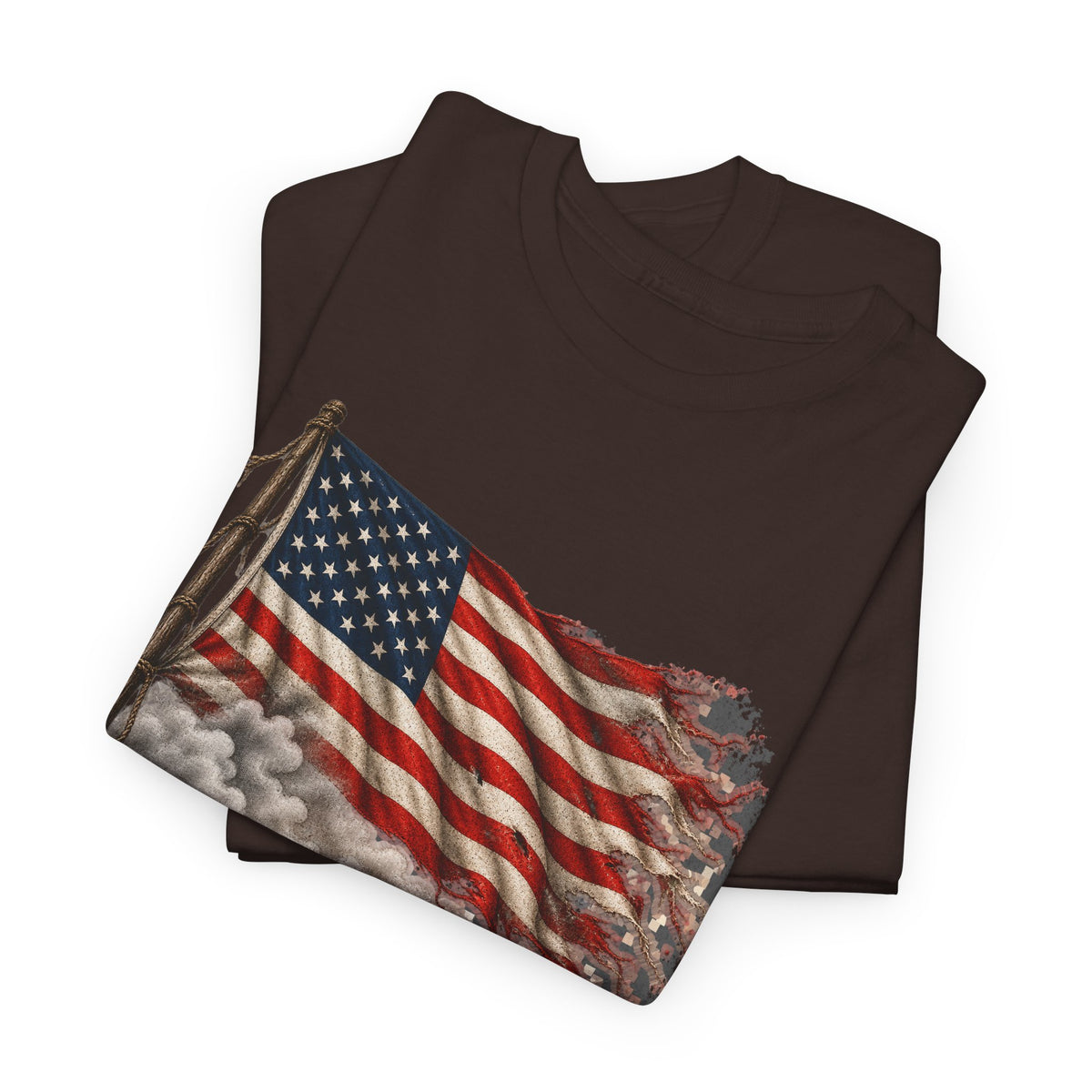 Dark brown crew-neck T-shirt with weathered American flag graphic