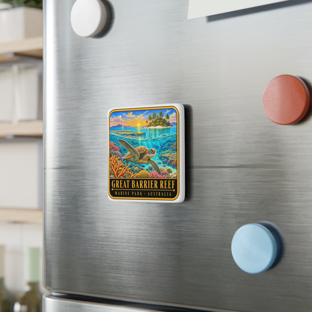 Square porcelain fridge magnet on stainless fridge, sea turtle and ocean coral design