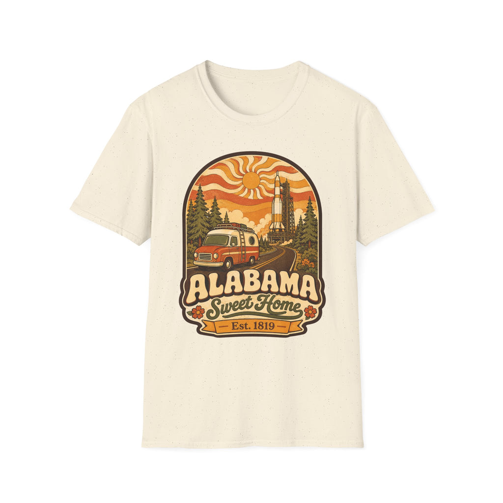 Unisex natural/off-white T-shirt with Alabama Sweet Home vintage camper graphic