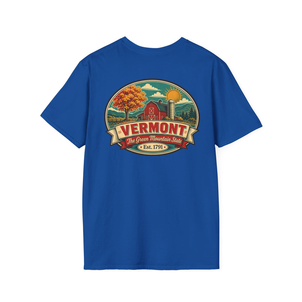 Royal blue T-shirt with Vermont badge graphic print, short sleeves, crew neck