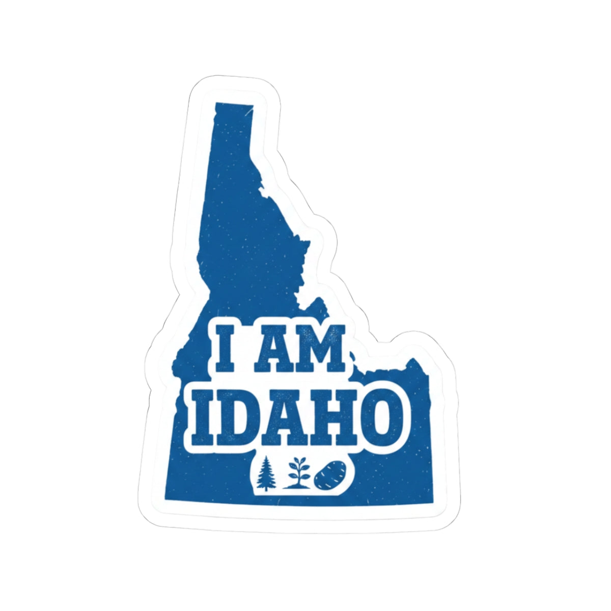 Blue Idaho state outline sticker with “I AM IDAHO” text and small icons