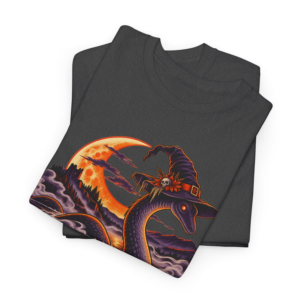 Dark gray crewneck T-shirt with colorful cryptid graphic on front
