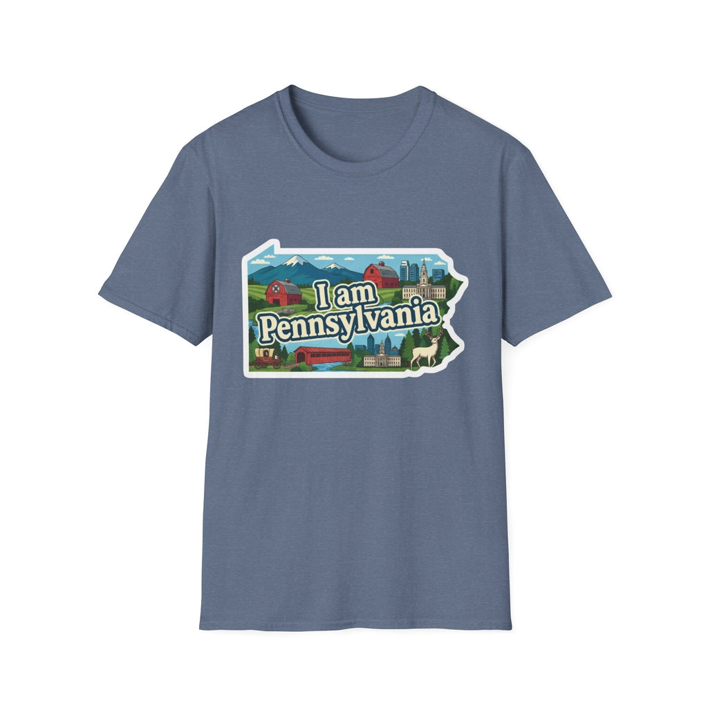 Heather Navy T-shirt with “I am Pennsylvania” map graphic and landmarks front