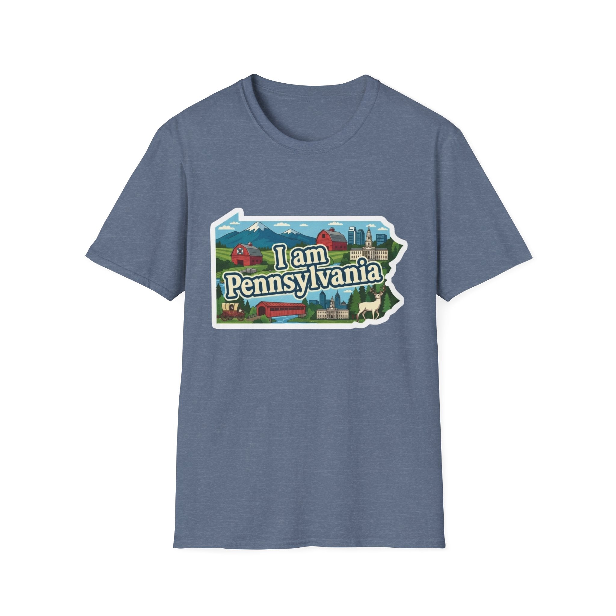 Heather Navy T-shirt with “I am Pennsylvania” map graphic and landmarks front