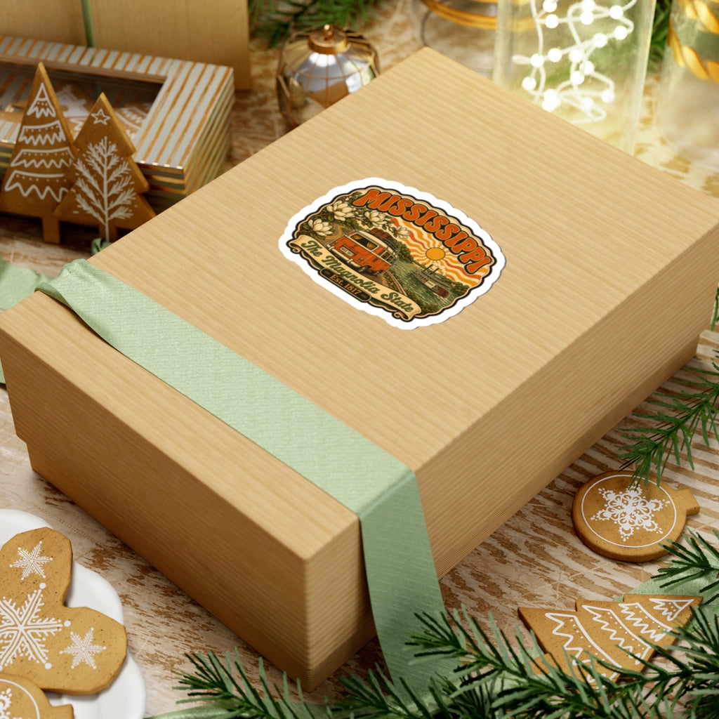 Mississippi retro state sticker on a gift box, orange van and riverboat design in center