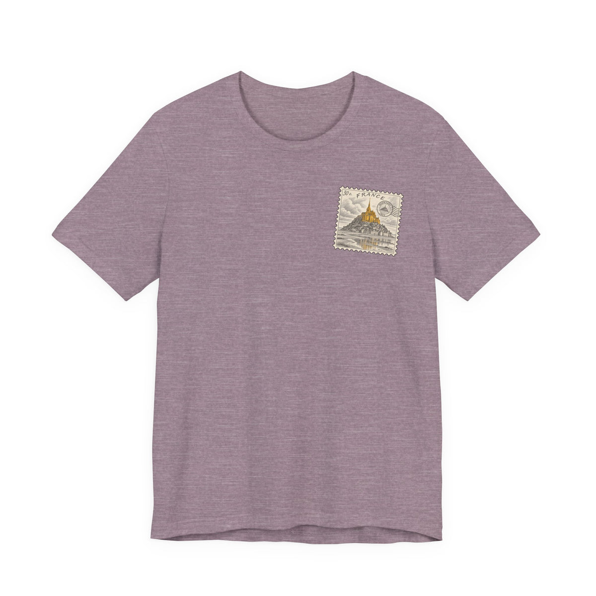 Mauve heather short-sleeve T-shirt with small vintage postage stamp graphic on chest