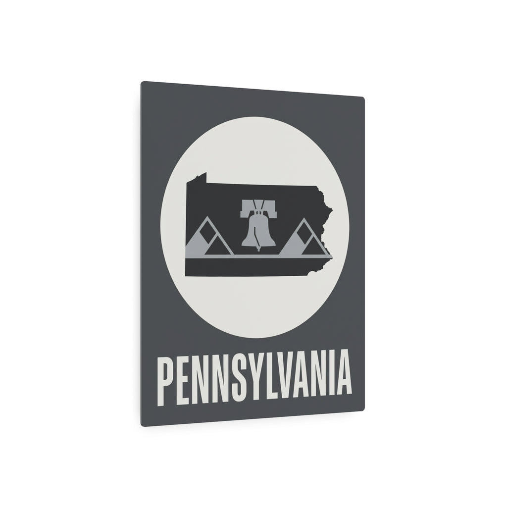 Pennsylvania metal wall sign, dark gray square with oval Liberty Bell emblem and 'PENNSYLVANIA'