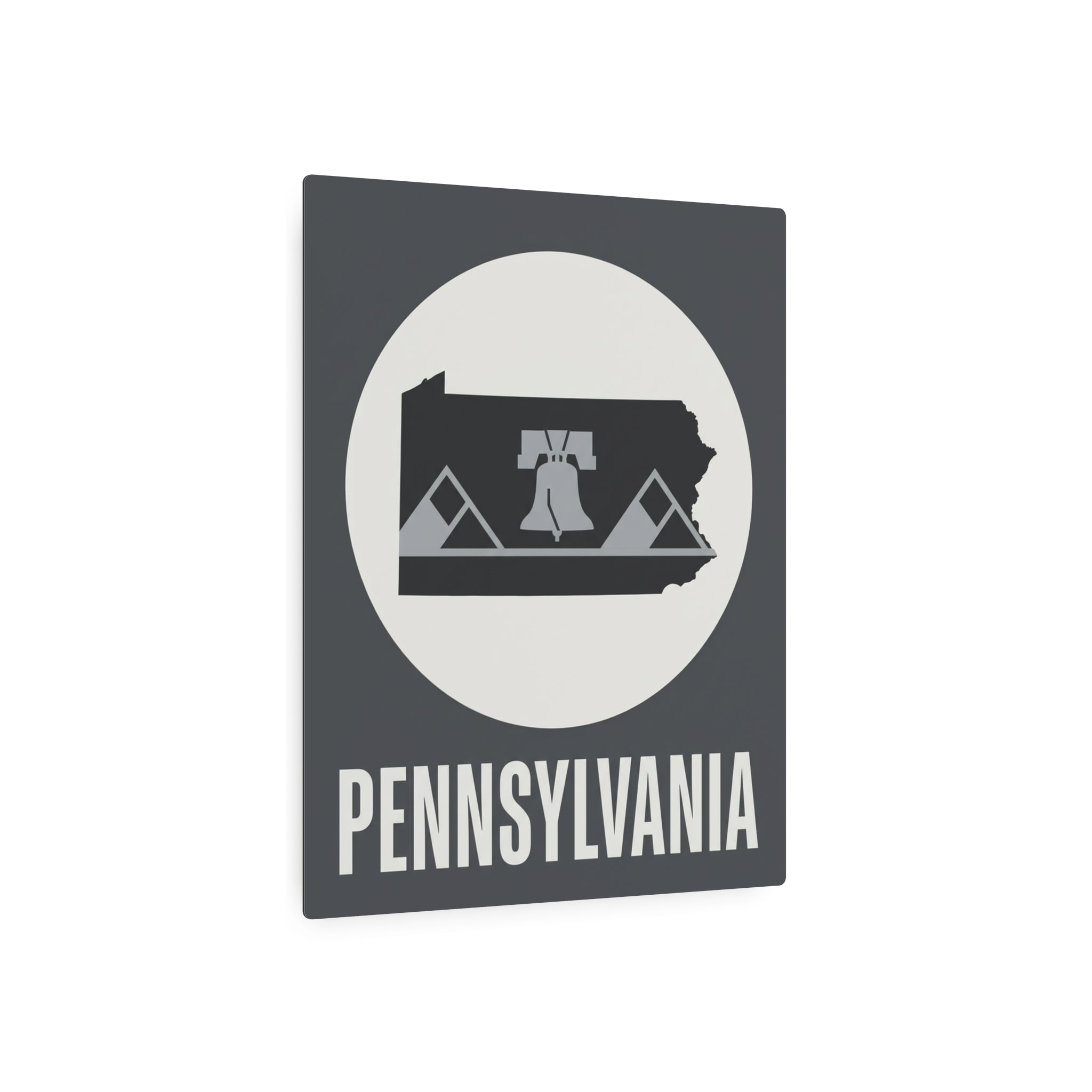Pennsylvania metal wall sign, dark gray square with oval Liberty Bell emblem and 'PENNSYLVANIA'