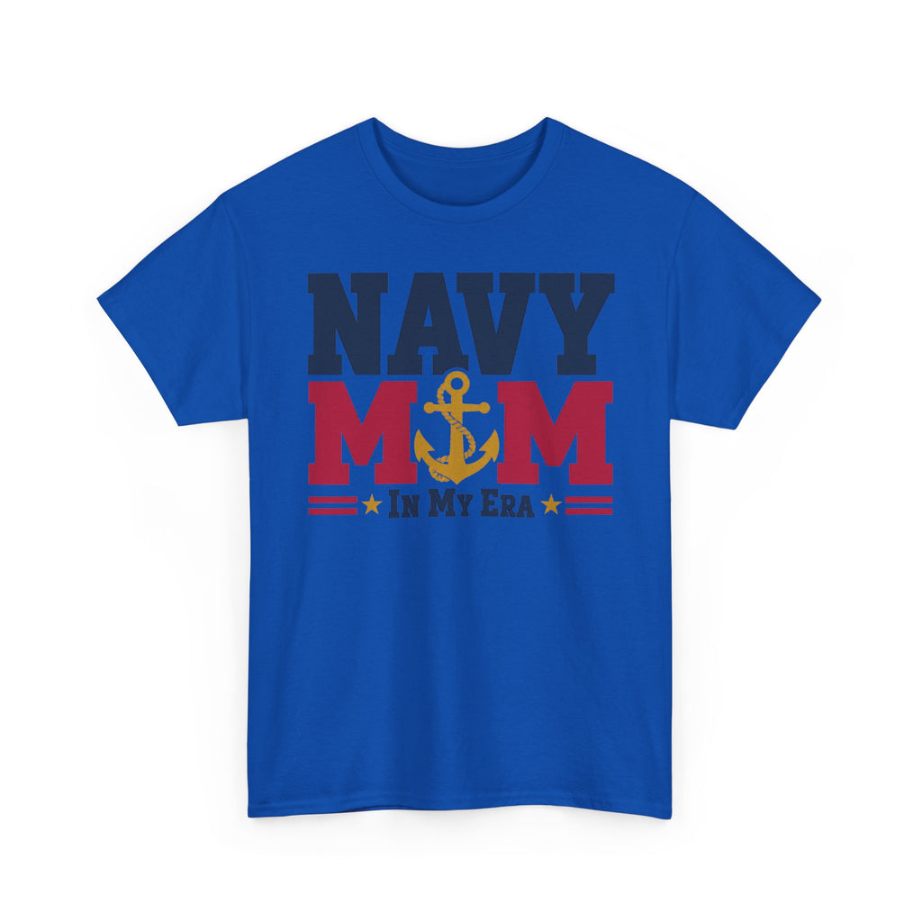 Royal blue T-shirt with NAVY MOM in my era patriotic anchor graphic
