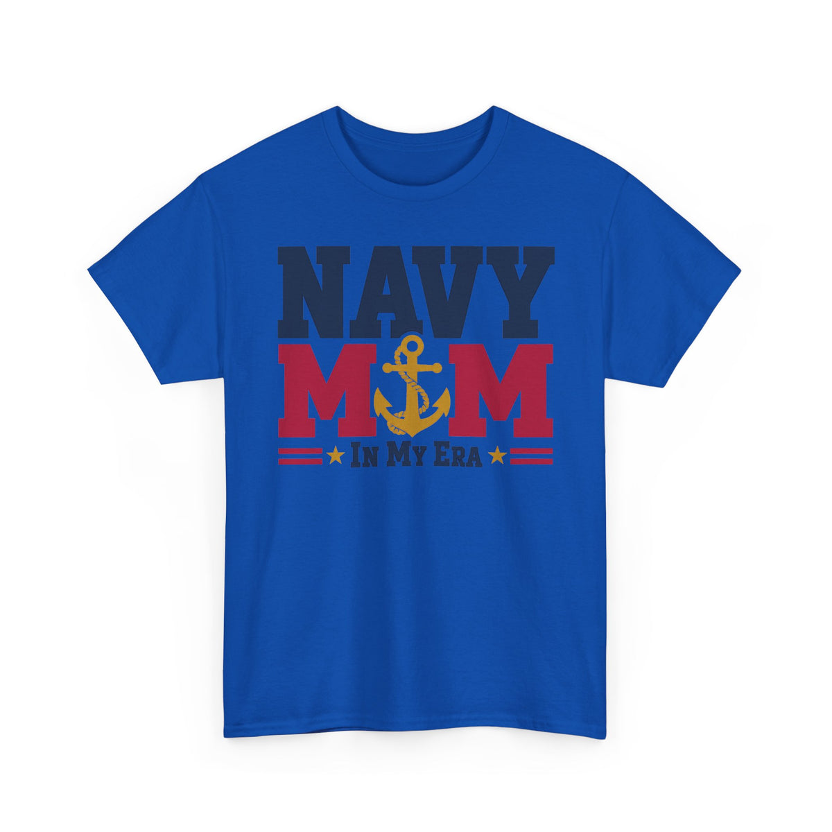 Royal blue T-shirt with NAVY MOM in my era patriotic anchor graphic