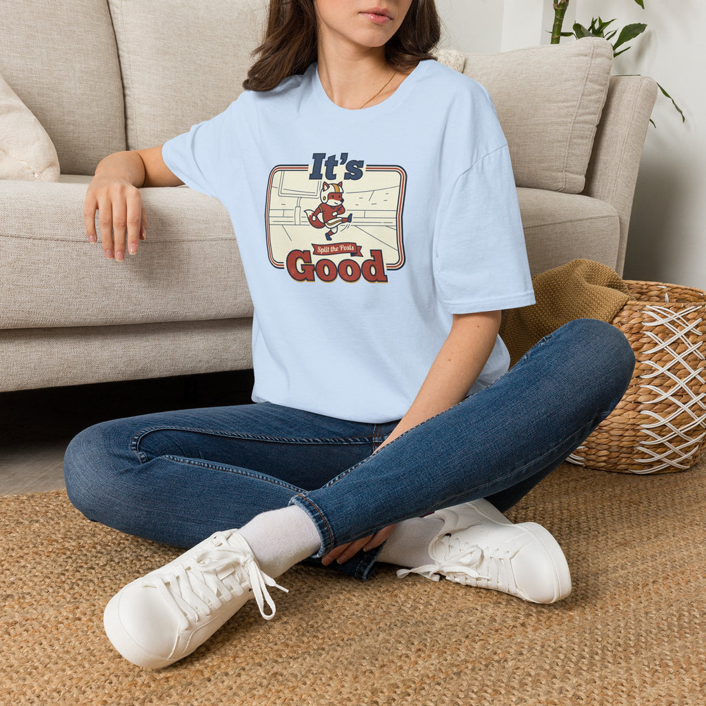 Light blue T-shirt with skate fox graphic and 'It’s Good' text on chest