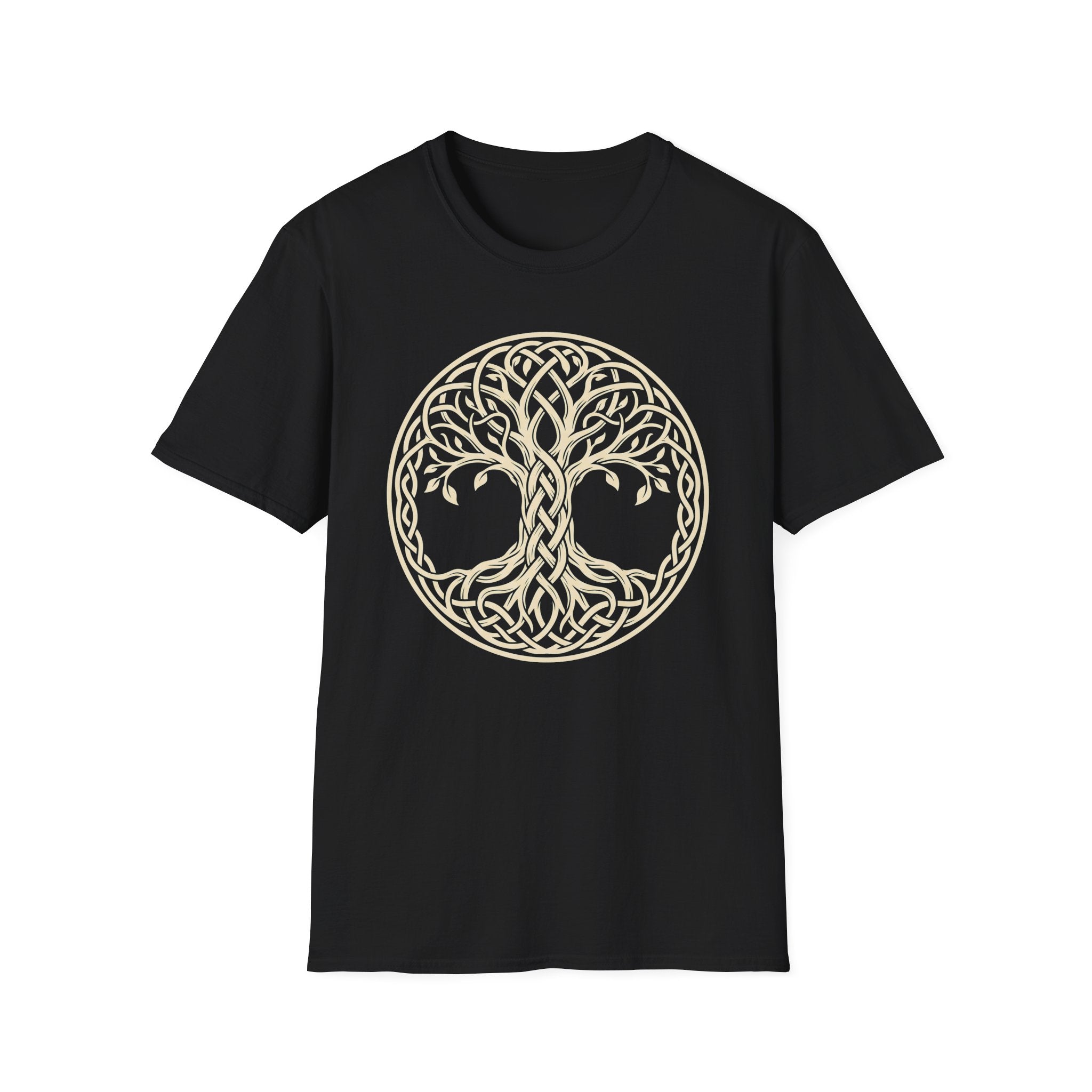 Black T-shirt with gold Celtic tree of life knotwork circle graphic on front