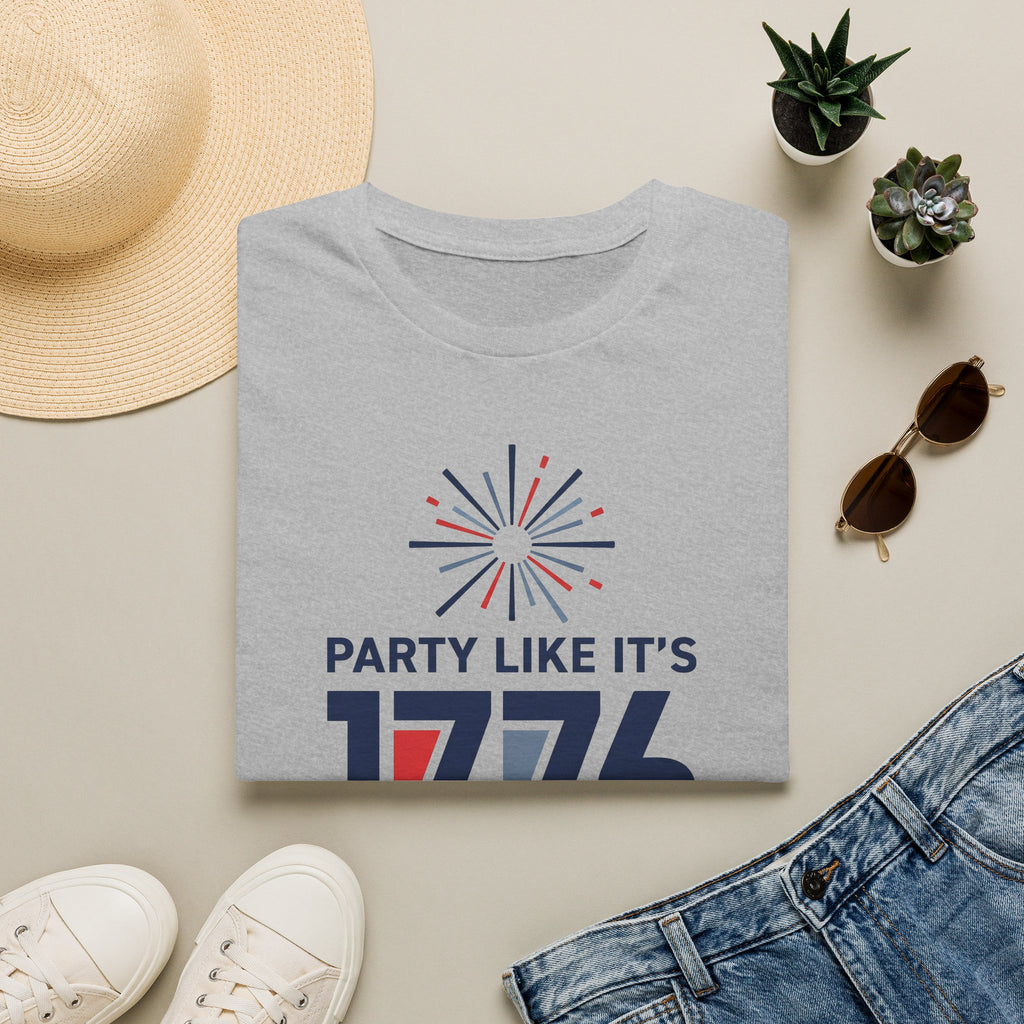 Sport grey T-shirt with fireworks graphic and text “PARTY LIKE IT’S 1776”