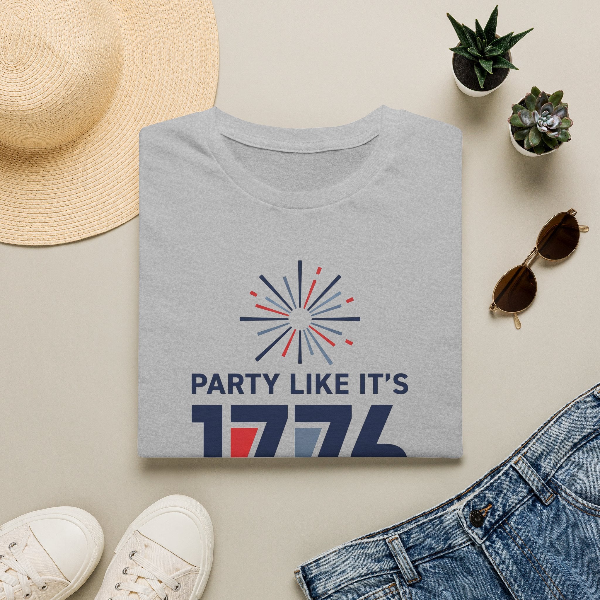 Sport grey T-shirt with fireworks graphic and text “PARTY LIKE IT’S 1776”