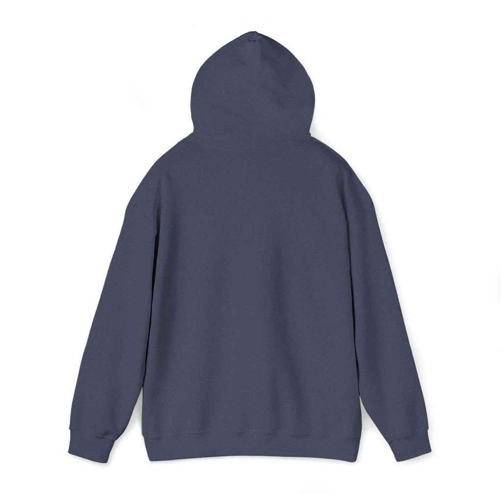 Dark blue pullover hoodie with hood and front pouch pocket
