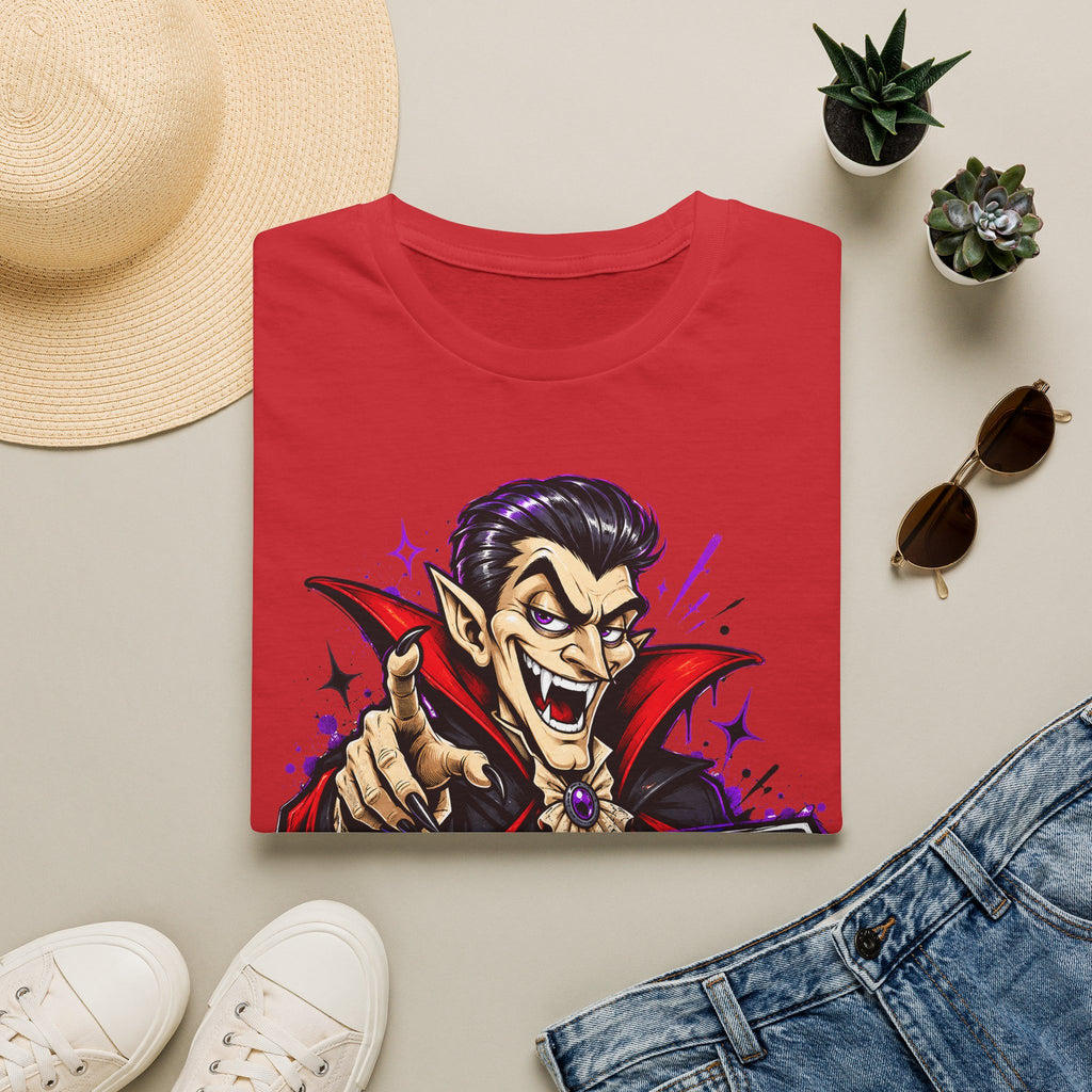 Red t-shirt with colorful vampire bite graphic on the front