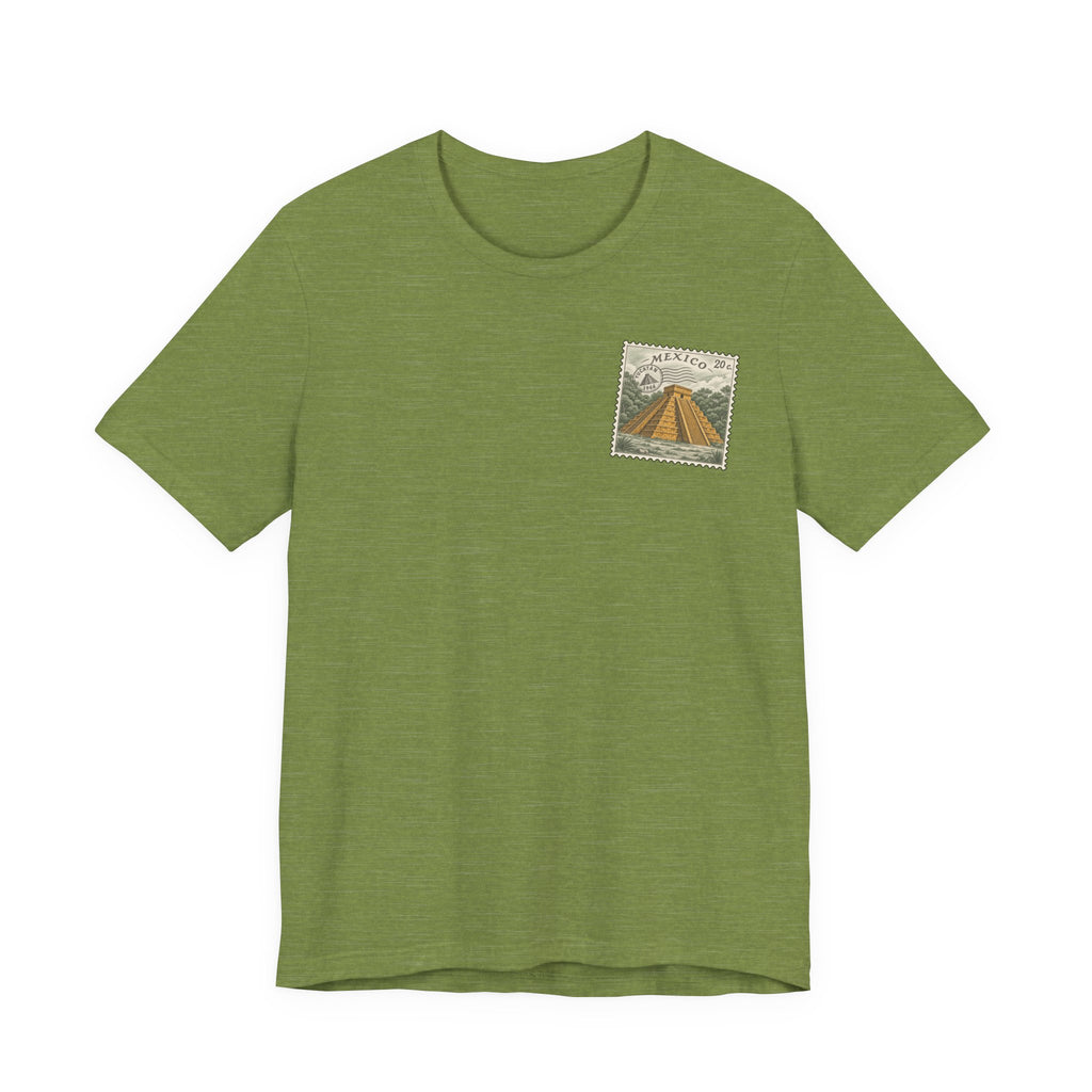 Olive green t-shirt with small vintage-style Mexico stamp graphic on upper chest