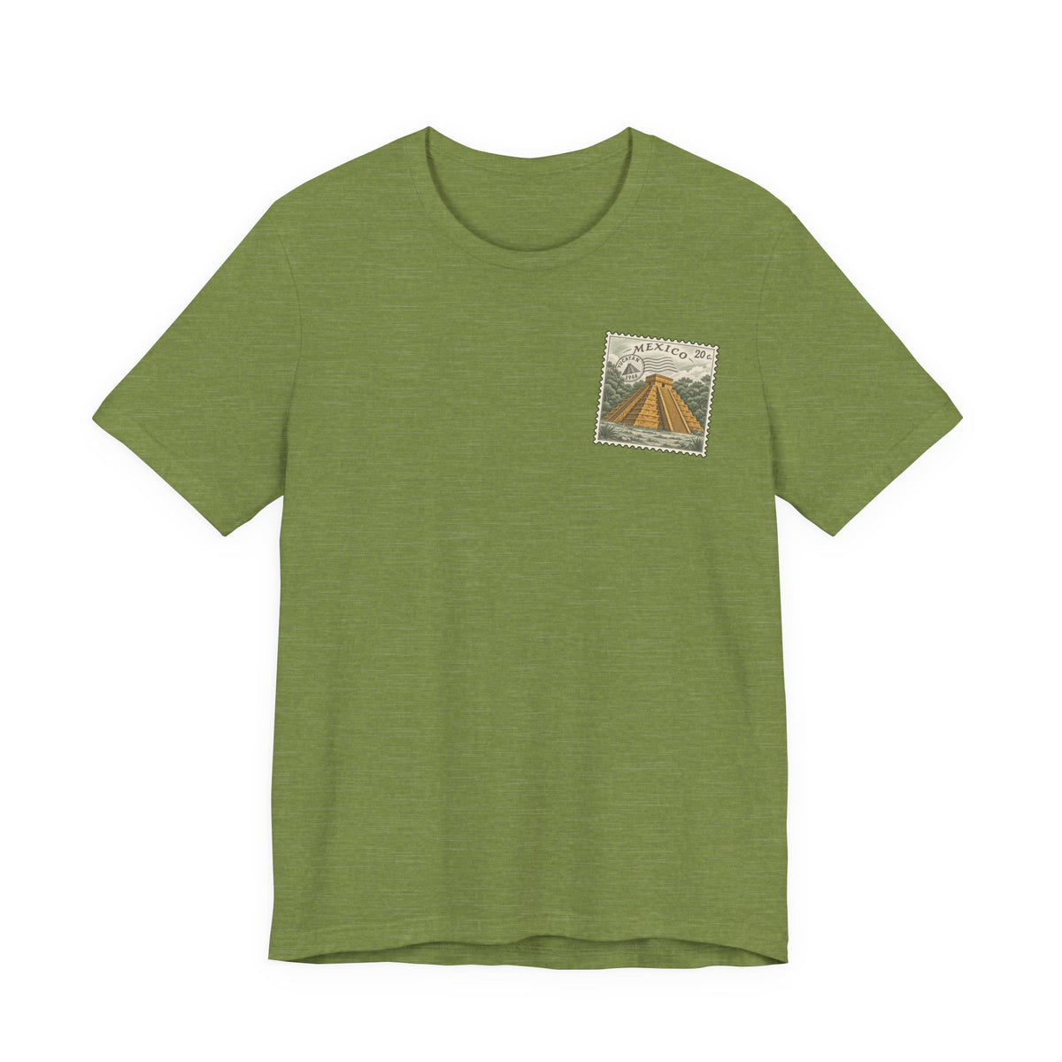 Olive green t-shirt with small vintage-style Mexico stamp graphic on upper chest