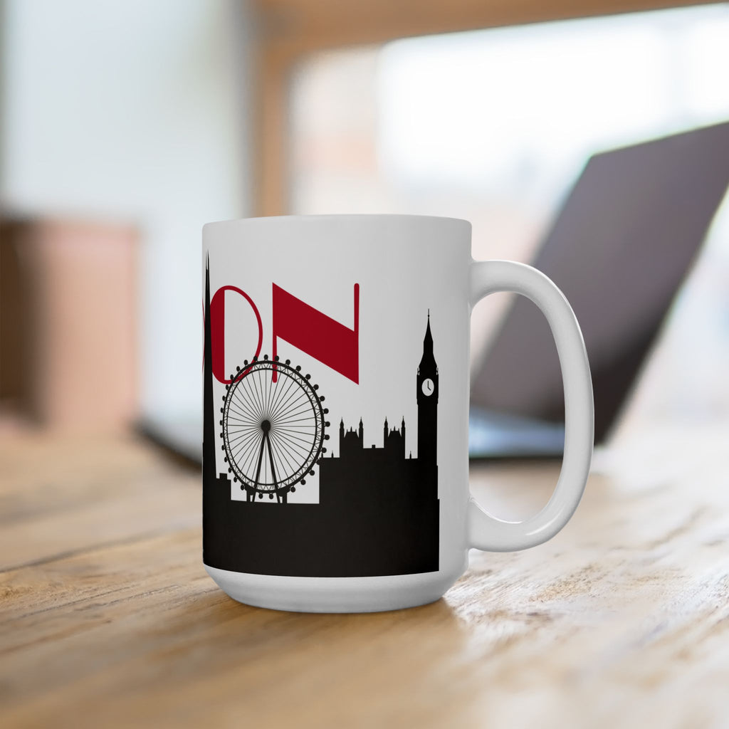 White ceramic coffee mug with black London skyline and red lettering graphic
