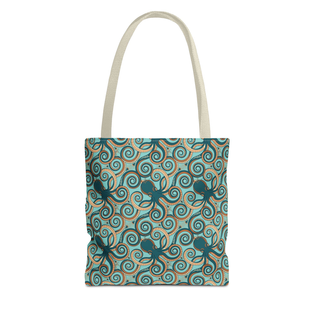 Teal tote bag with all-over octopus swirl pattern and light handles