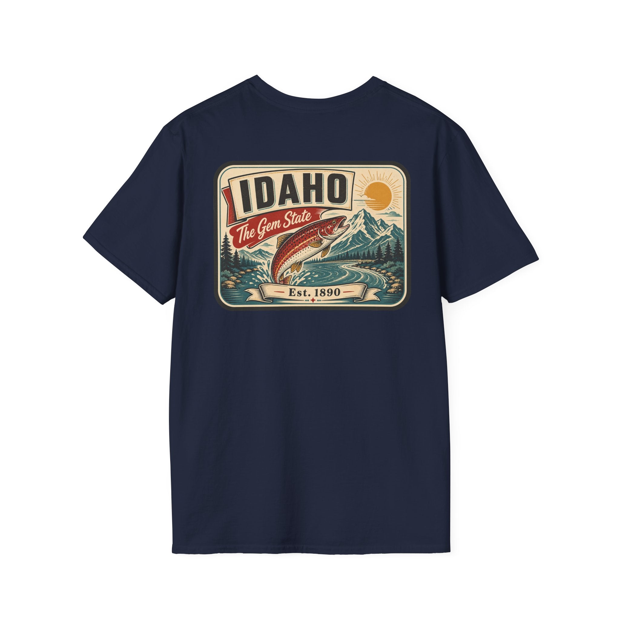 Navy t-shirt with Idaho travel badge graphic and trout illustration