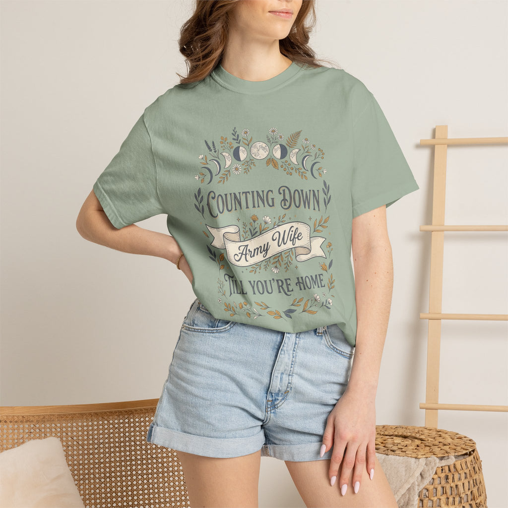Seafoam green crewneck t-shirt with floral countdown graphic on the front