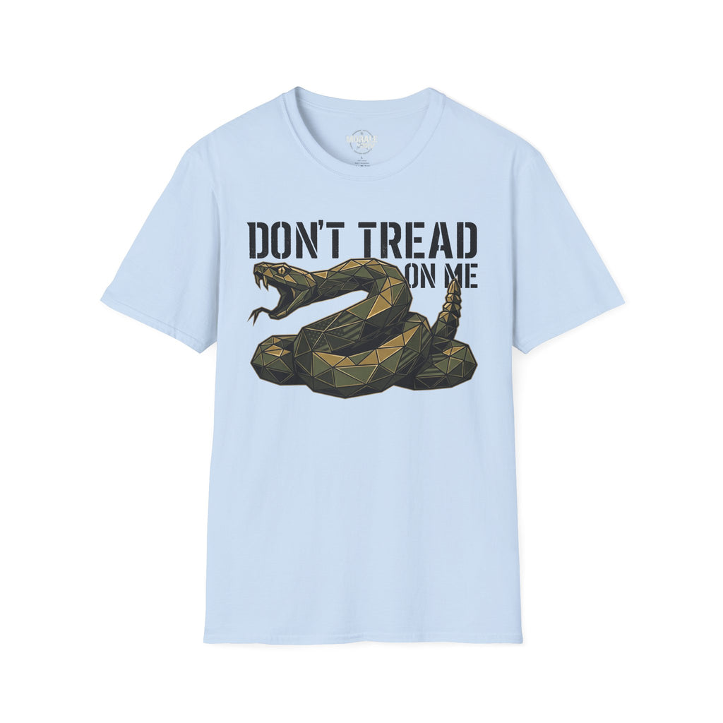 Light blue T-shirt featuring coiled rattlesnake graphic and "DON’T TREAD ON ME" text