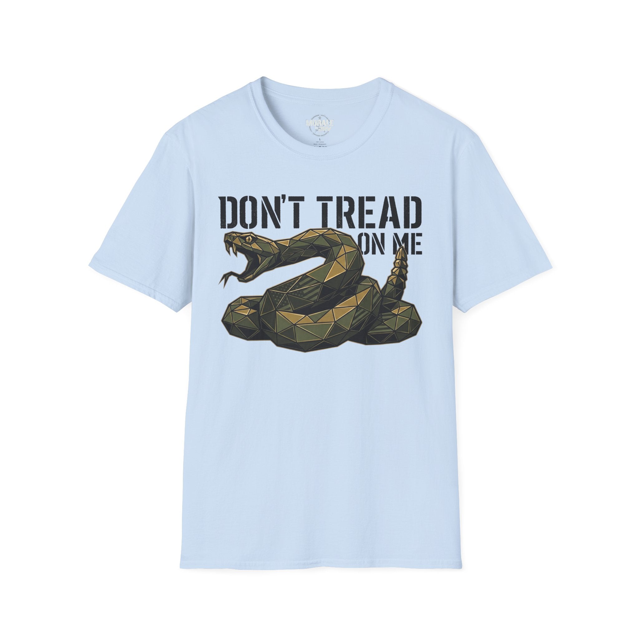 Light blue T-shirt featuring coiled rattlesnake graphic and "DON’T TREAD ON ME" text