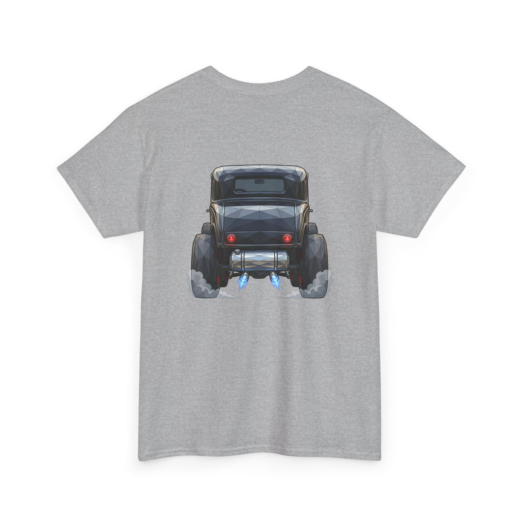 Sport grey T-shirt with vintage hot rod rear graphic on the back center