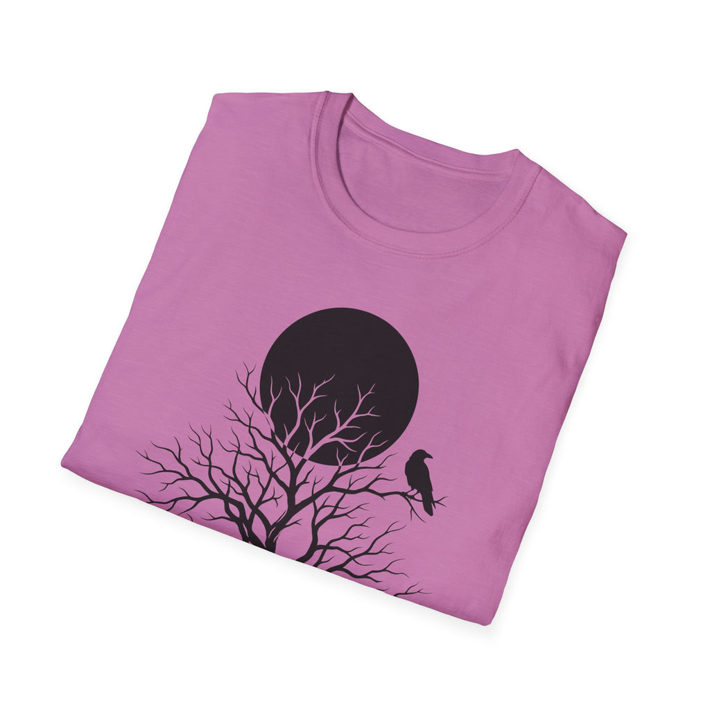 Heather Red T-shirt with moon, leafless tree branches and raven