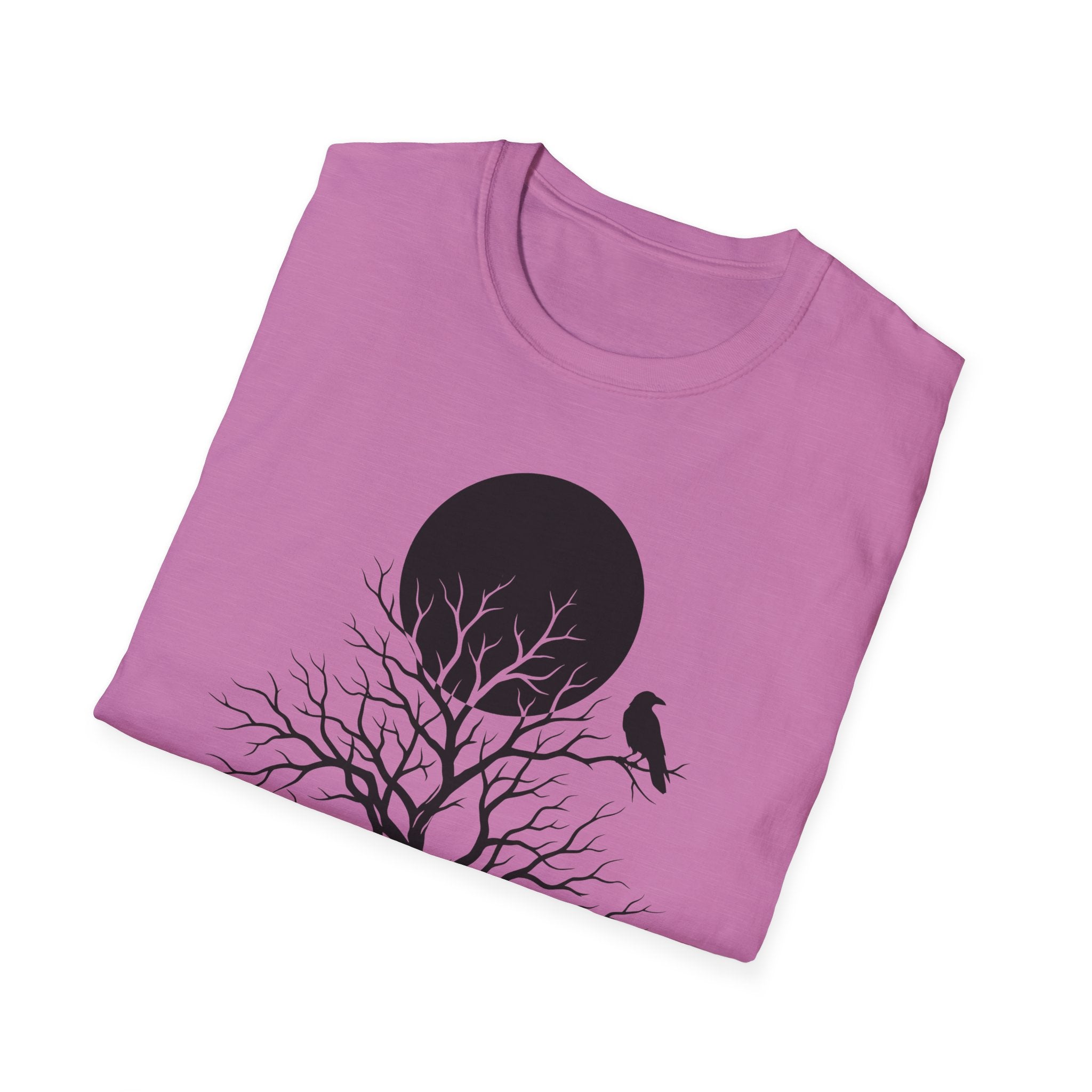 Heather Red T-shirt with moon, leafless tree branches and raven