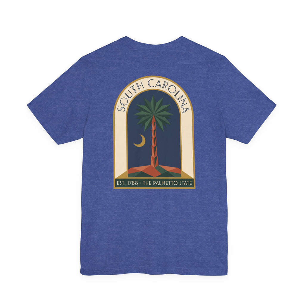 Blue T-shirt with large South Carolina palmetto window graphic on back