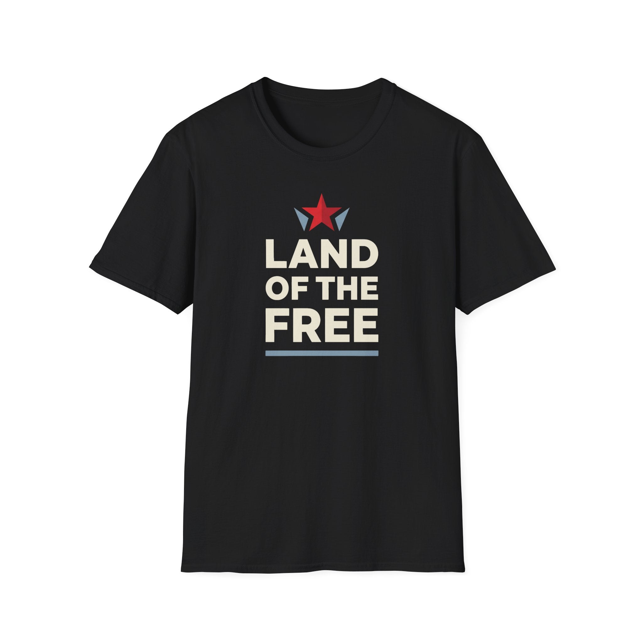 Black crew-neck T-shirt with red star and white “LAND OF THE FREE” text