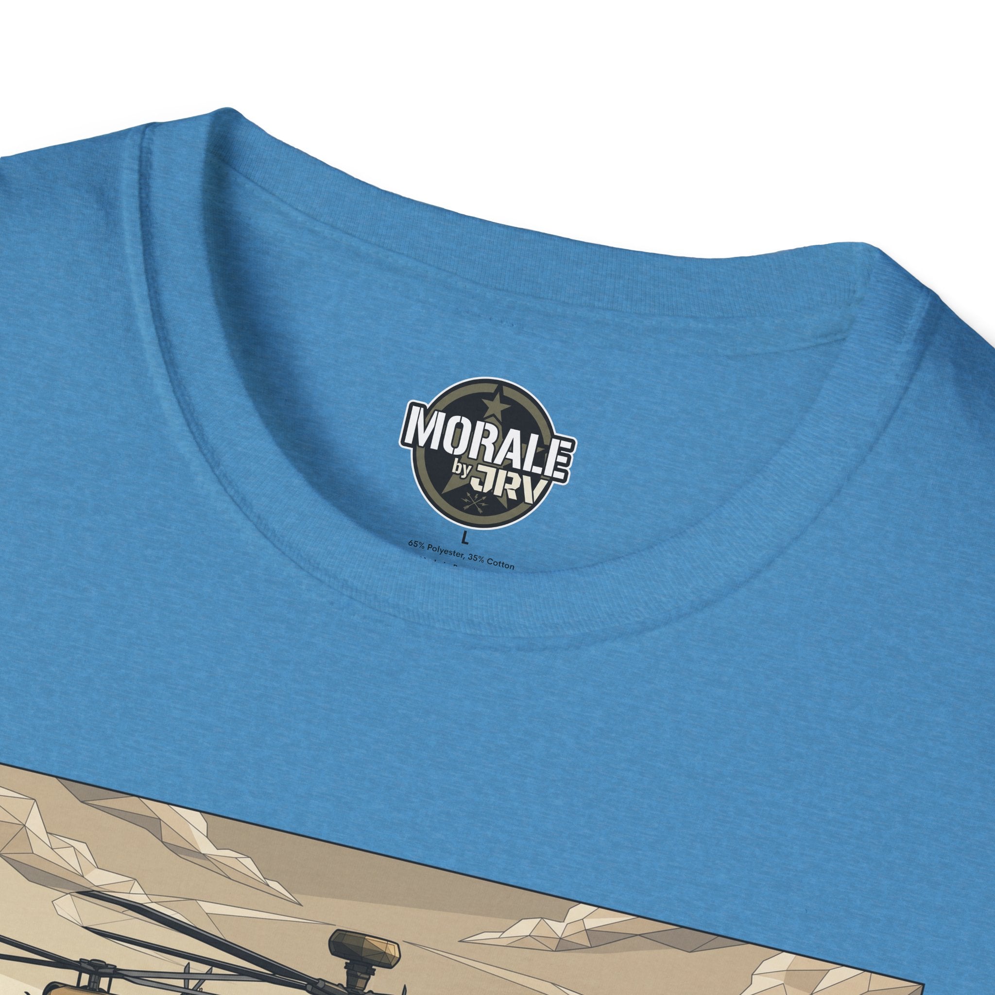 “MORALE by JRIV” collar logo on light blue T-shirt.