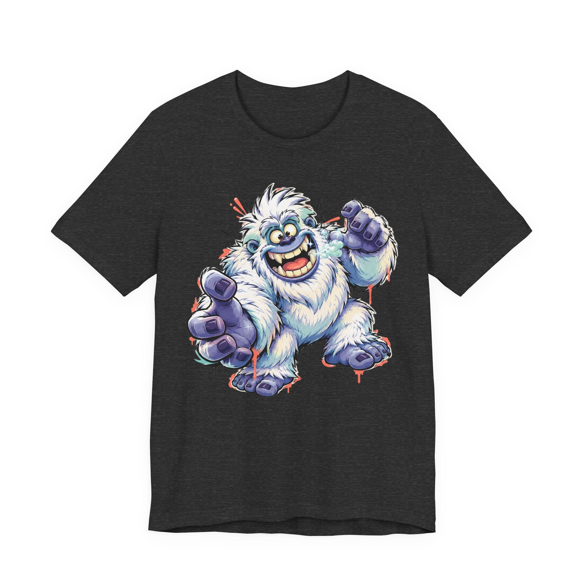 Dark gray monster t-shirt with cartoon yeti creature graphic waving and grinning
